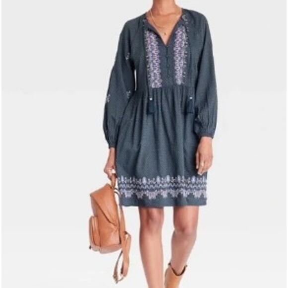 Knox Rose Blue Embroidered Tunic Dress Womens Large Boho Balloon Sleeves Tassels - Picture 1 of 9